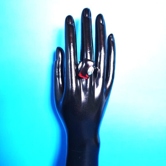 Fancy Vintage Cherry Red Baltic Amber Sterling Silver Modernist Statement Ring - Picture 9 of 16